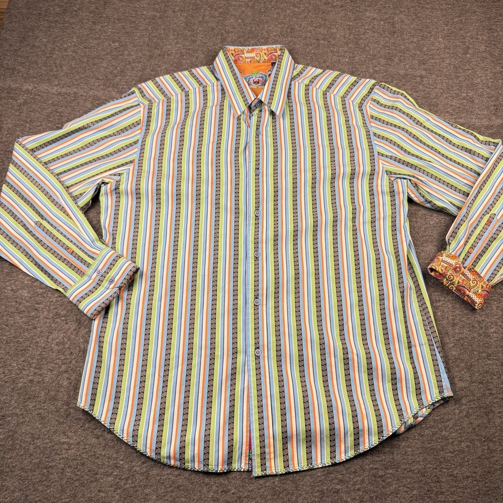 Robert Graham Shirt Mens XL Striped Button Up Paisley Flip Cuffs Long Sleeve‎